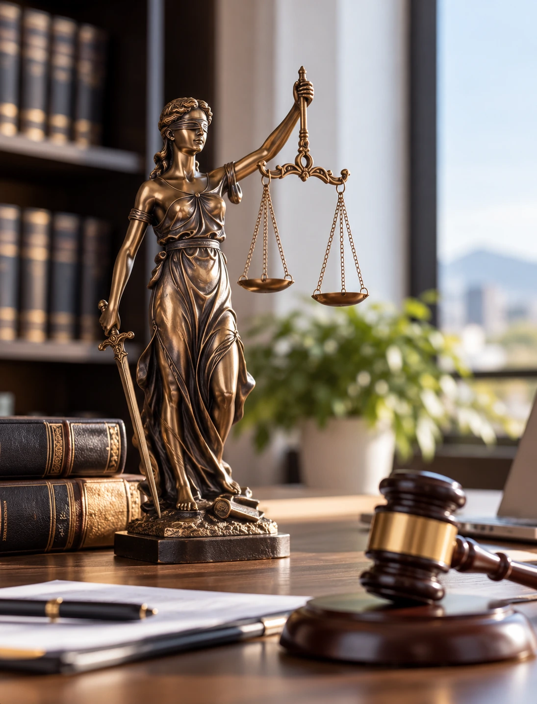 Justicia en bronce sobre el escritorio